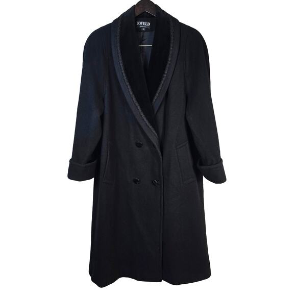 Vintage JOFELD Coat Women's 14 Black Wool Velvet Embellished Collar Long 80s 90s - Picture 1 of 14